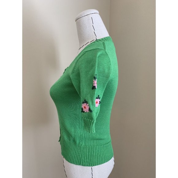 Vintage 70s Right Bank Green Floral Embroidery Cotton Sweater Knit Dittos Italy - Picture 2 of 10